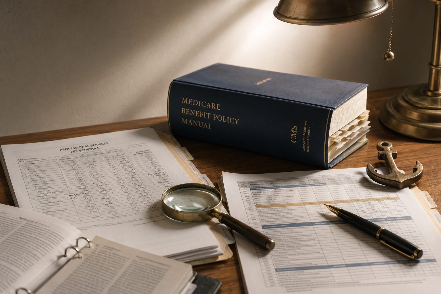 A Medicare benefit policy manual open on a desk beside printed documents and a magnifier