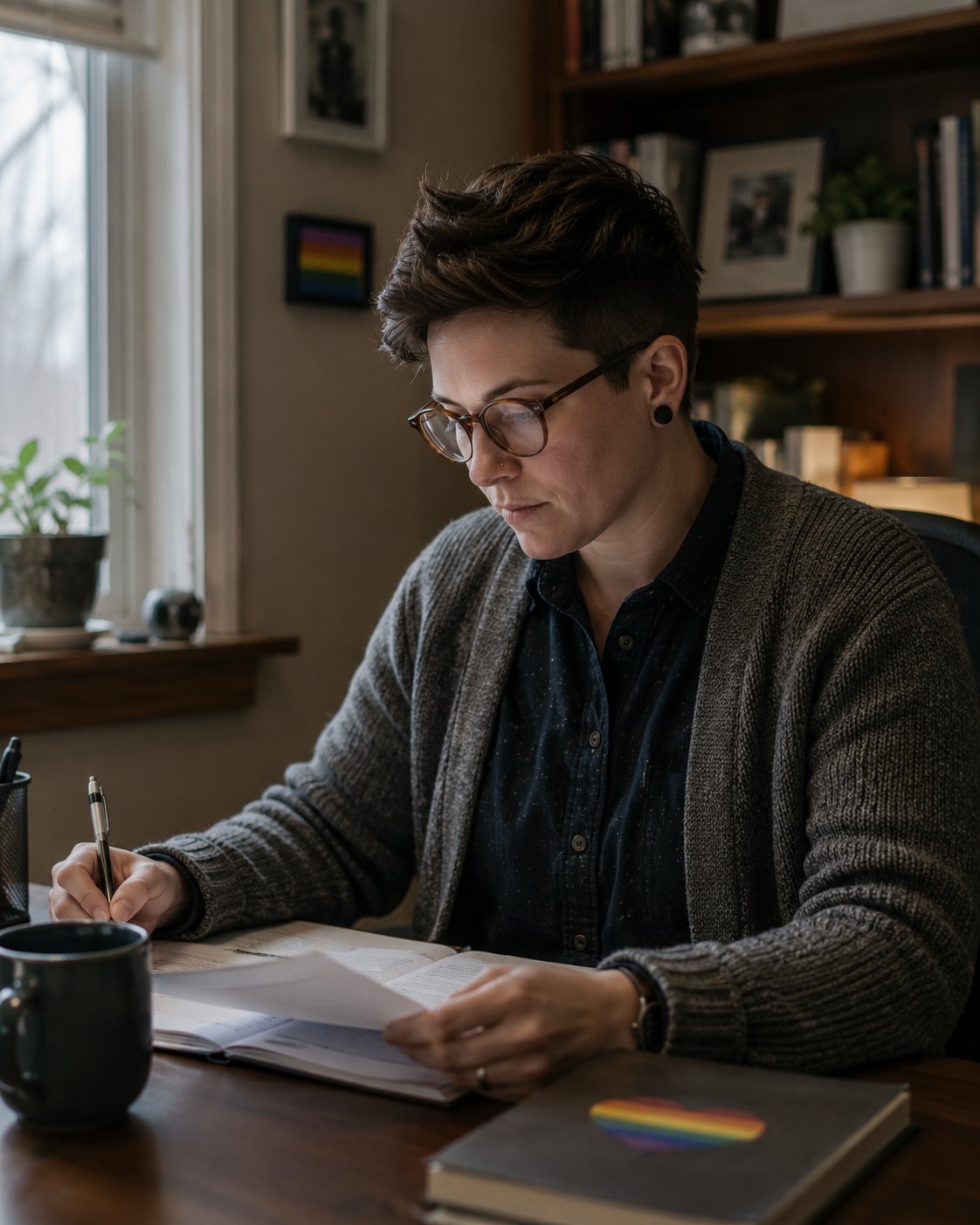 A clinician at a desk in a private-practice office, reading paperwork