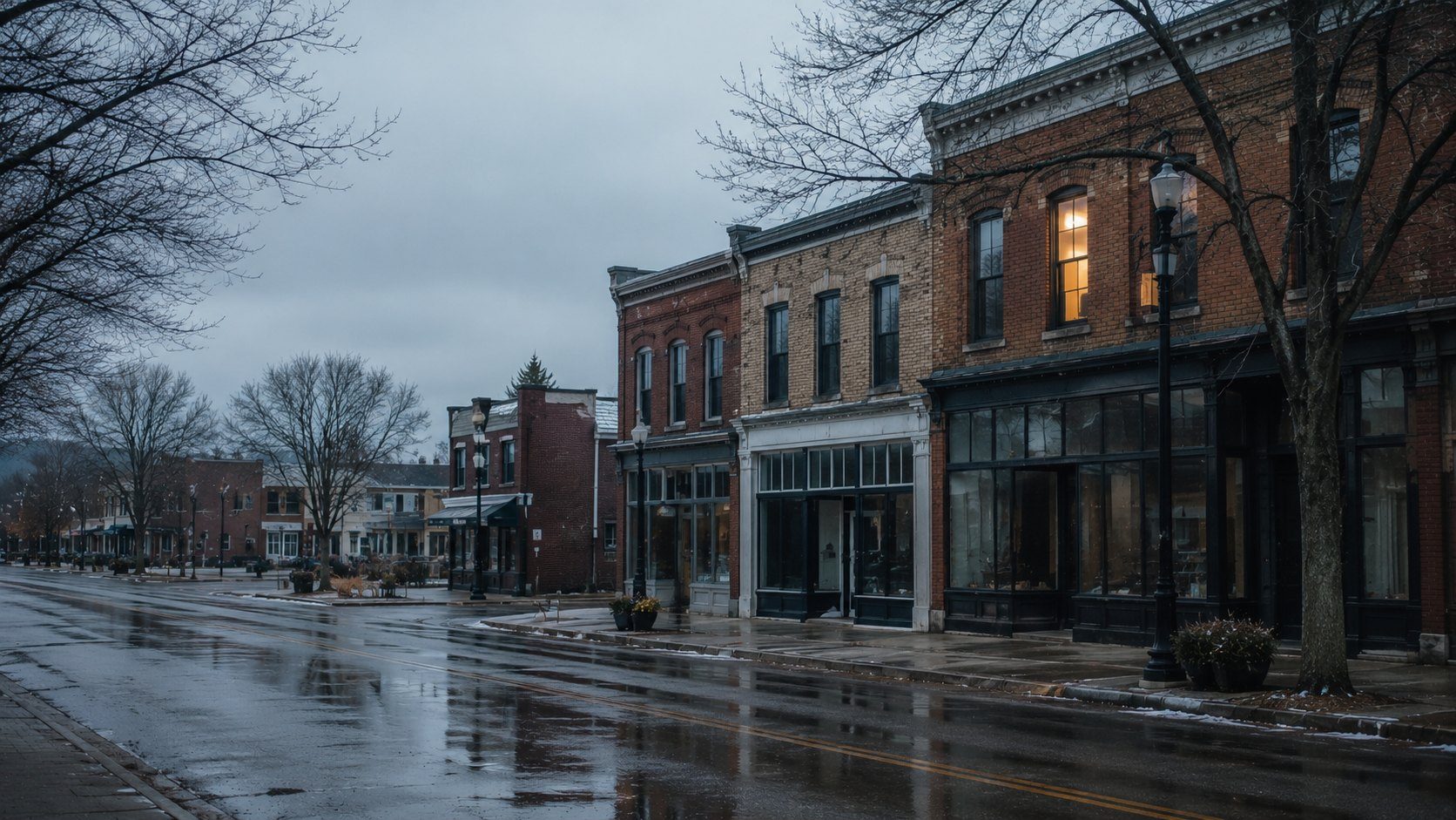 A main street in a small Michigan town on an overcast late-winter afternoon