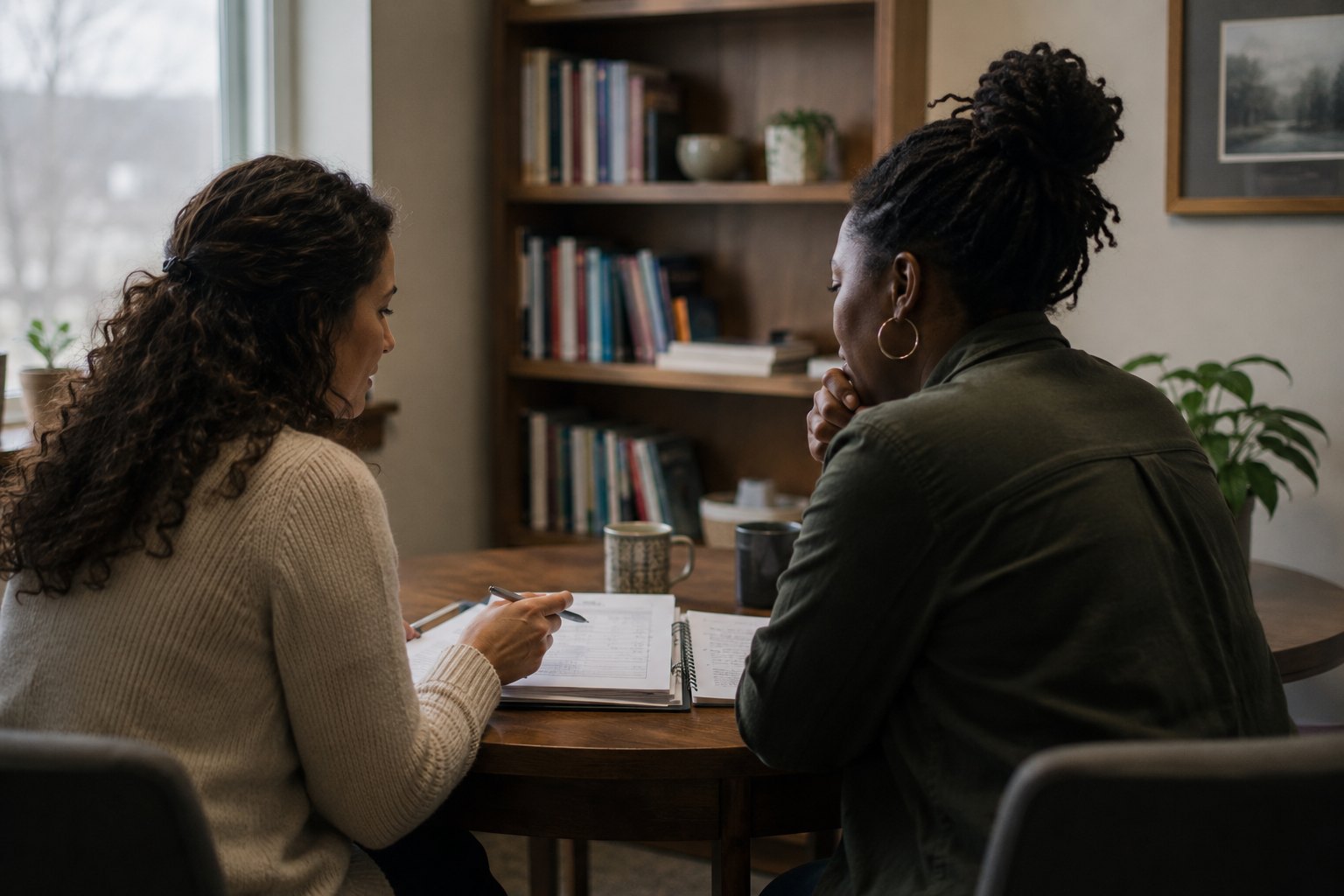 Two clinicians reviewing case notes together at a table