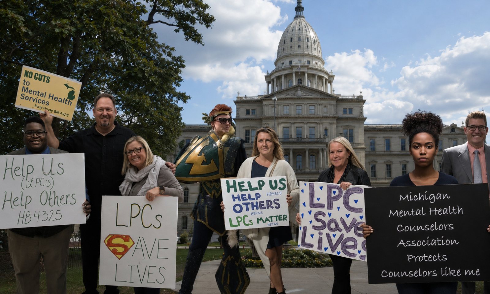 Counselors gathered outside the Michigan State Capitol holding placards reading Help Us Help Others and LPCs Save Lives