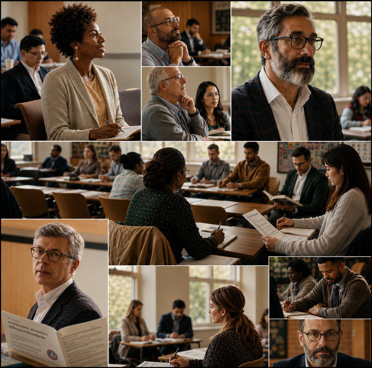 A collage of counselors and counselor educators in seminar rooms: listening, taking notes, reading a professional standards handbook on ethics and boundaries, and talking across tables