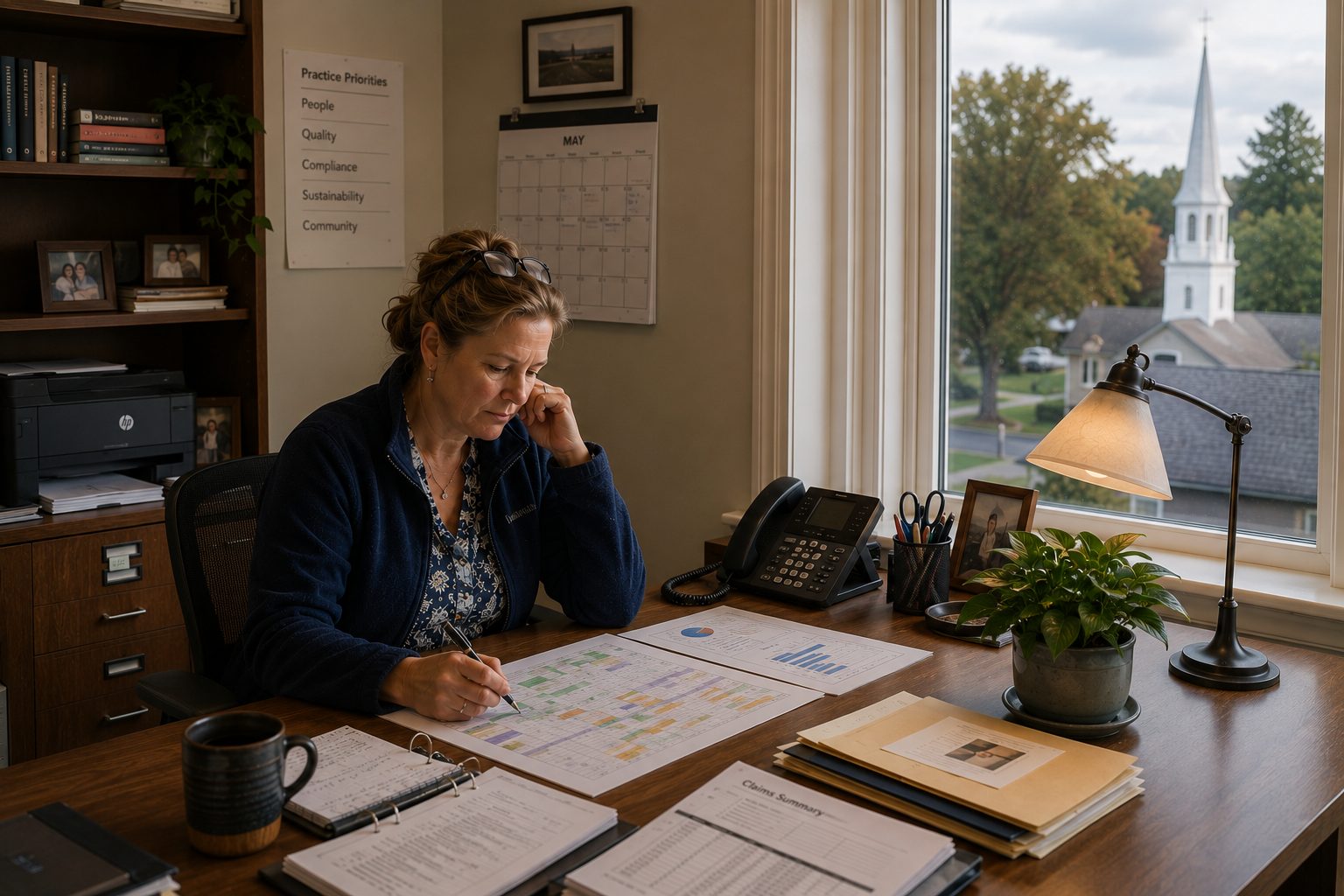 A counselor's office with afternoon light through the window, two chairs and a low table