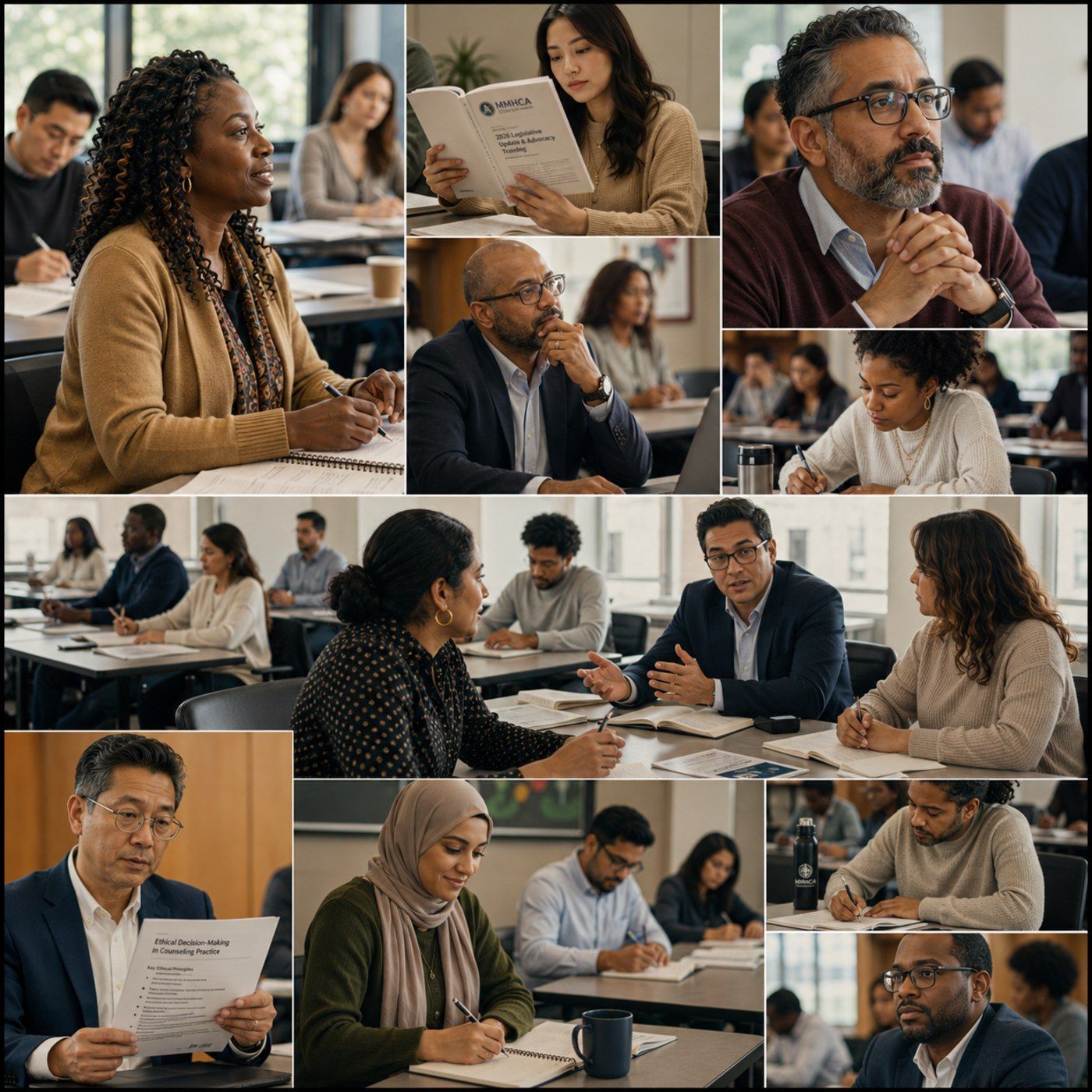 A collage of MMHCA members in seminar and consultation settings: counselors of many ages, races and backgrounds, including a woman in a hijab taking notes, reading an MMHCA legislative update, discussing ethical decision-making, and talking across tables