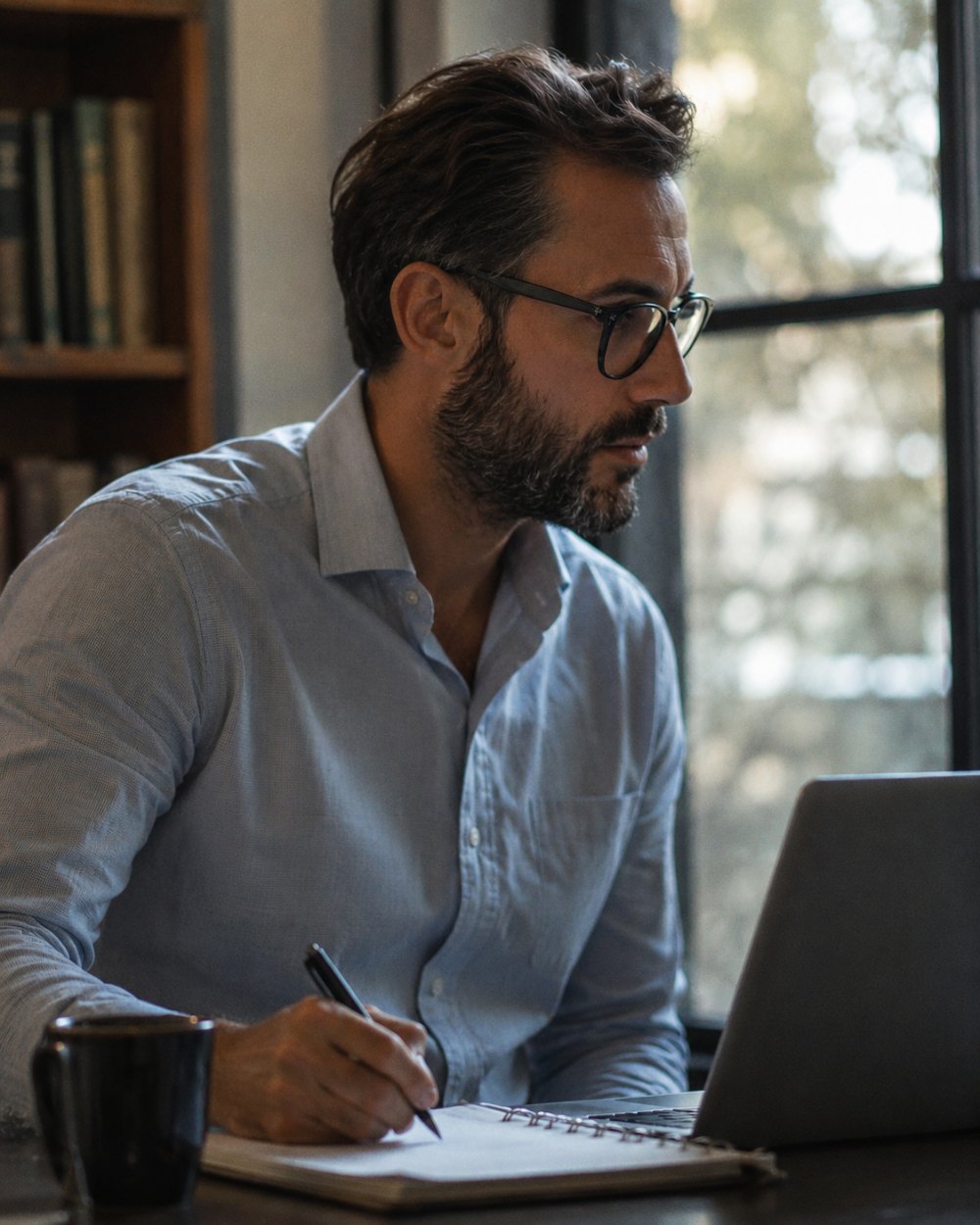 A counselor at a desk beside a window, working at a laptop and taking notes on a pad