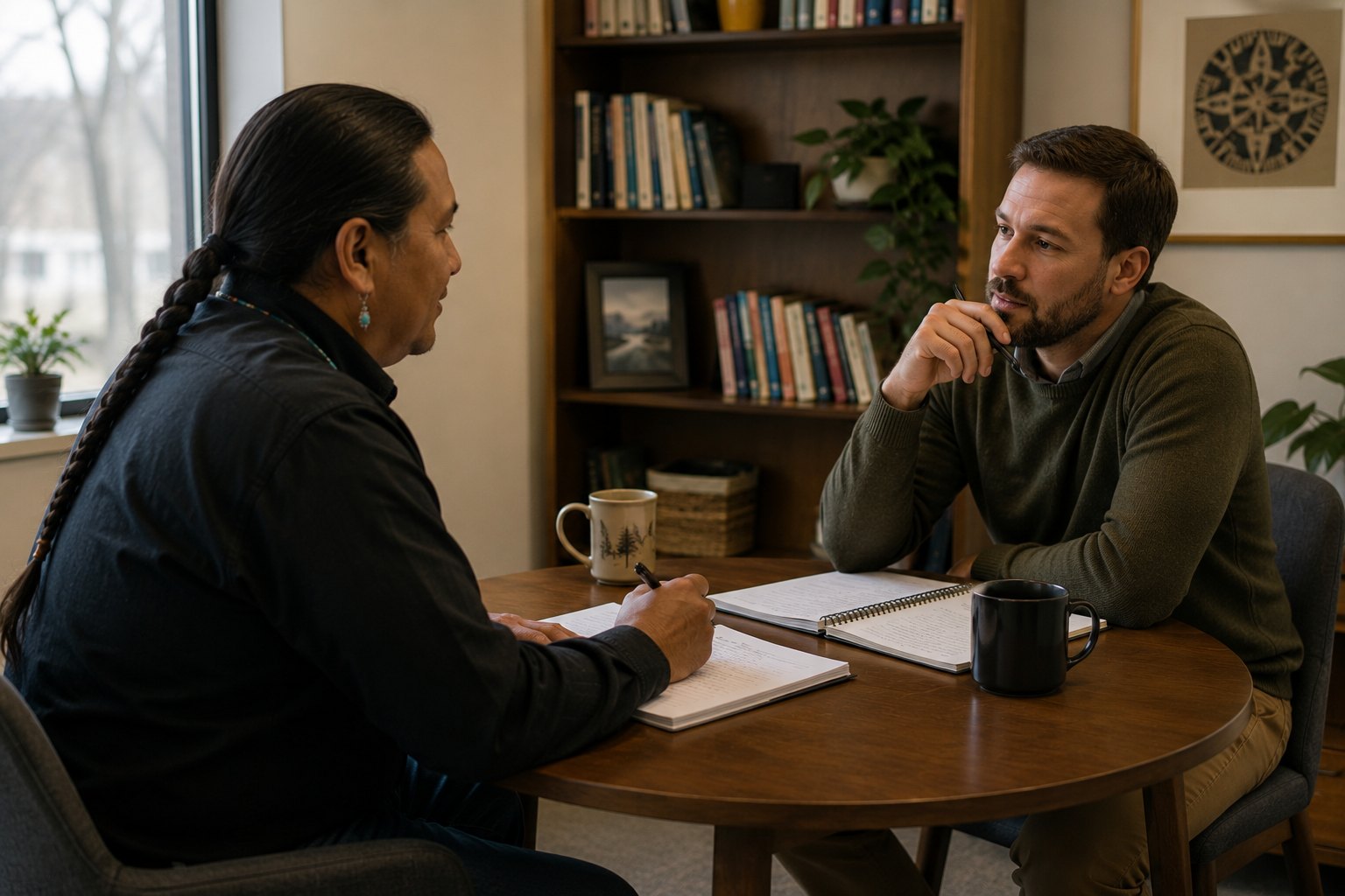 A supervisor and a limited licensed counselor talking through a case together in a warmly lit office