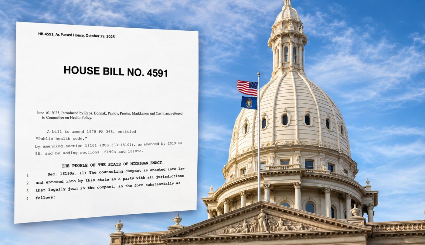 The opening page of House Bill 4591 as passed by the House on October 29, 2025, superimposed over the dome of the Michigan State Capitol. The bill was introduced June 10, 2025 by Representatives Bohnak, Pavlov, Prestin, Markkanen and Cavitt and referred to the Committee on Health Policy. Section 16190a reads: the counseling compact is enacted into law and entered into by this state as a party with all jurisdictions that legally join in the compact.