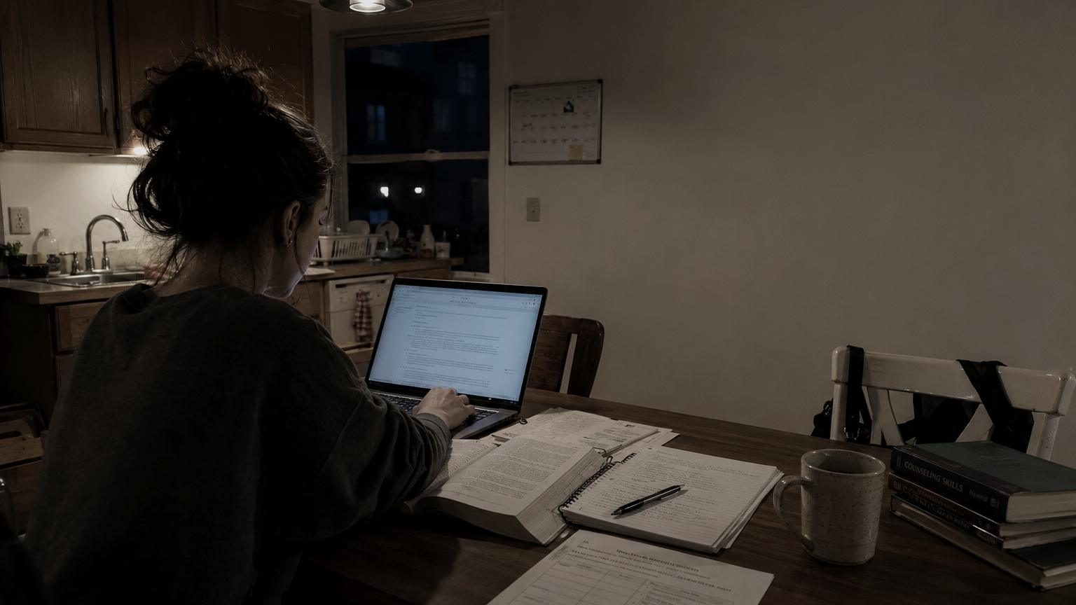 A counselor working through billing paperwork and reference guides at a desk
