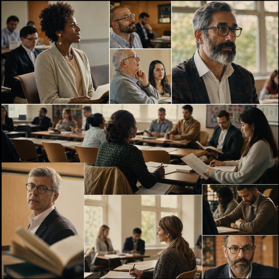 A collage of counselors at in-person professional sessions: people seated at tables with books and printed papers, listening, taking notes and talking in small groups