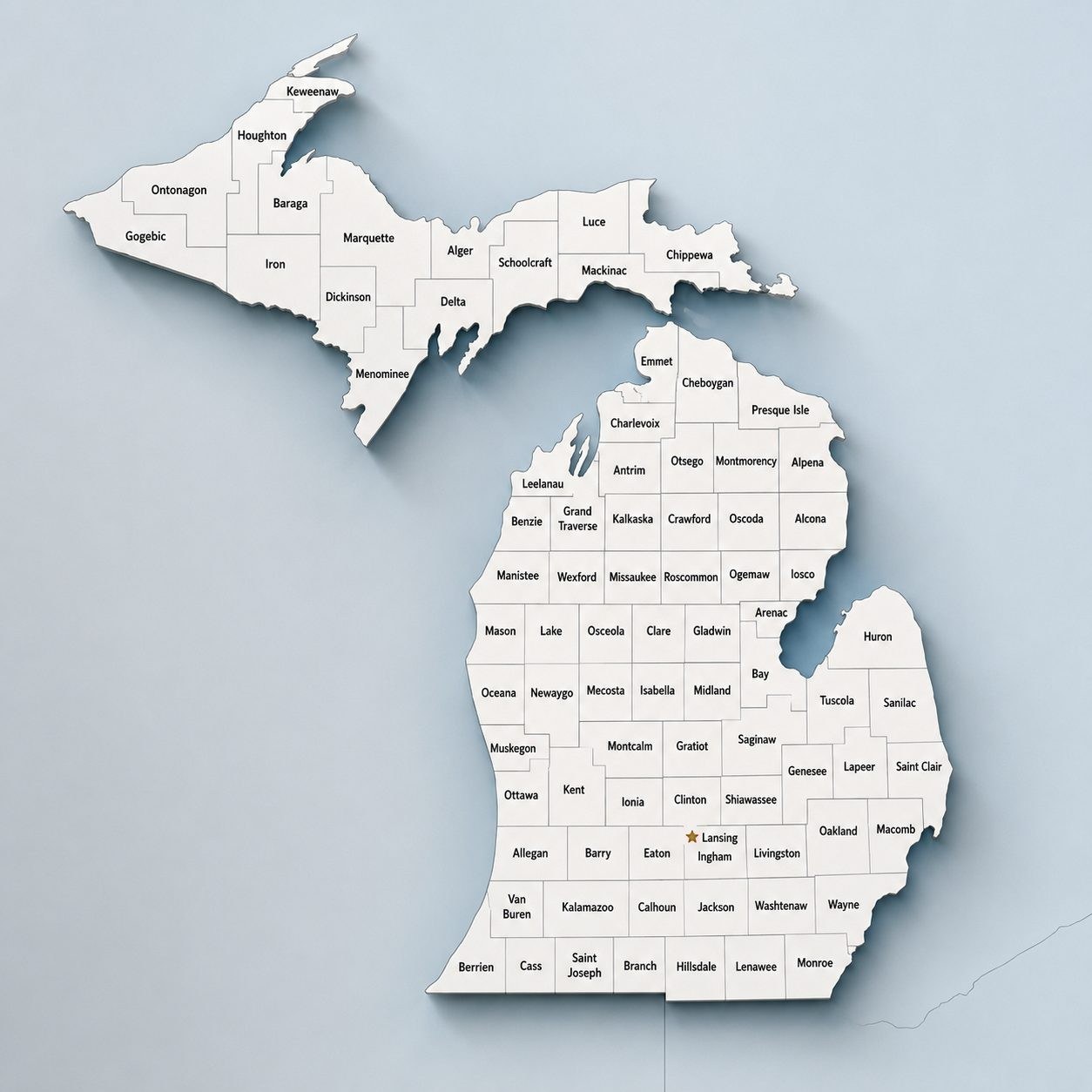 A relief map of Michigan divided into its counties, each labeled, with a gold star marking Lansing in Ingham County