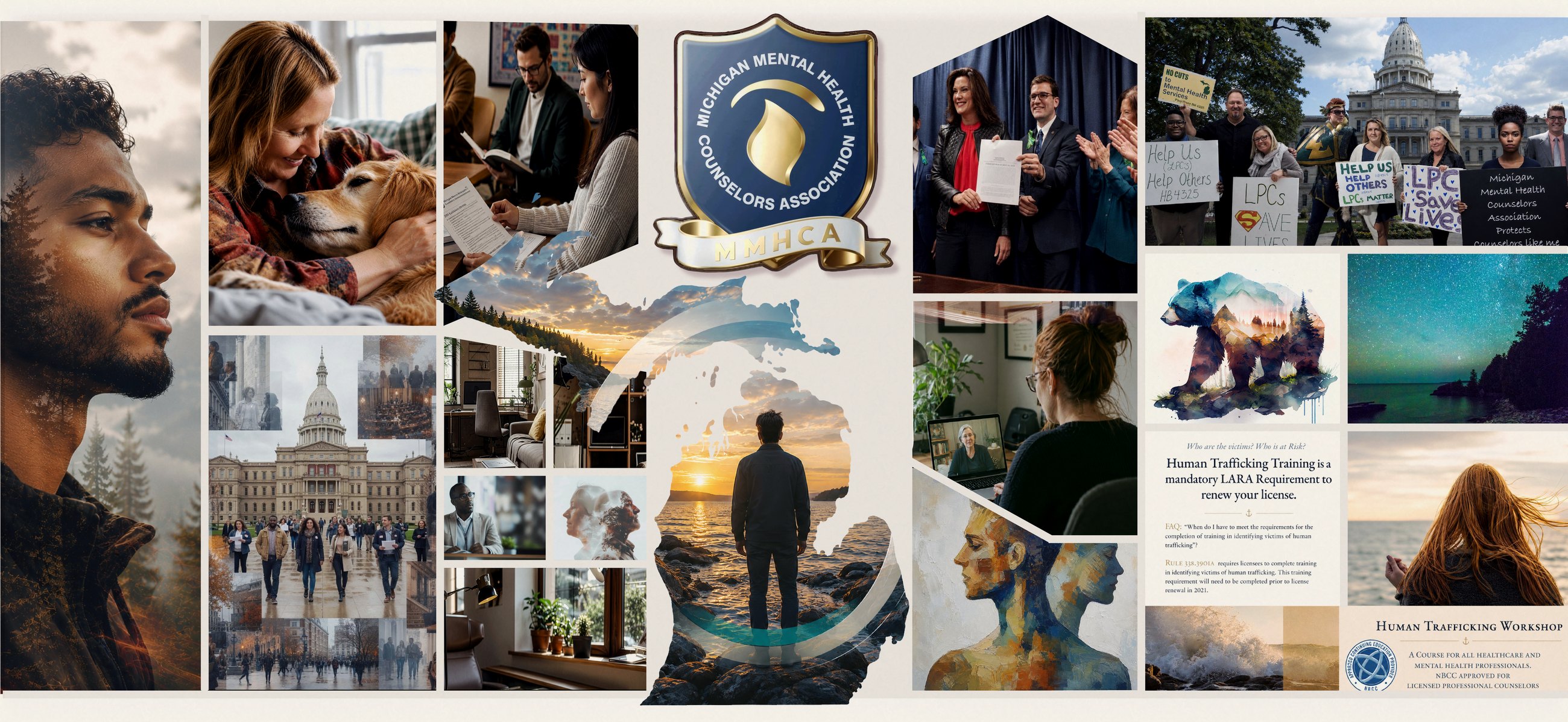 A collage of MMHCA's work: a counselor with a therapy dog, board members presenting signed legislation with state officials, counselors rallying with placards reading Help Us Help Others and LPCs Save Lives, the Michigan State Capitol, a telehealth session, and the MMHCA seal beside a gold silhouette of Michigan