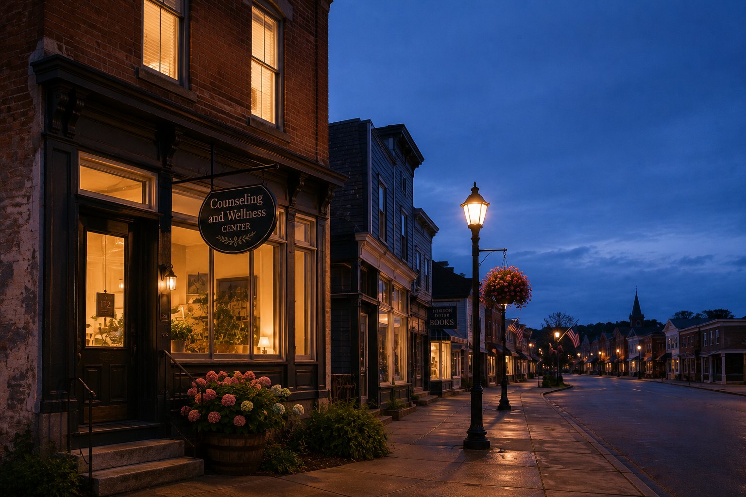 A lit Counseling and Wellness Center storefront on a small-town main street at dusk, with a bookshop and a church spire further along the block