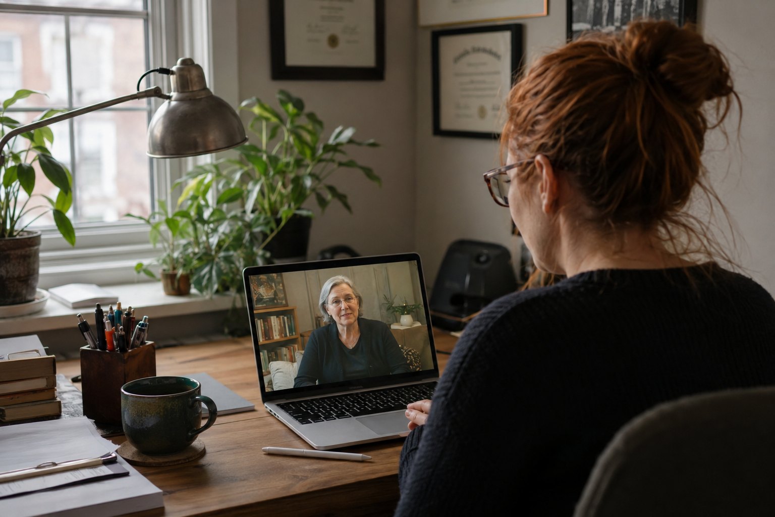 A counselor conducting a telehealth session from a home office, with an older client on the laptop screen and framed credentials on the wall